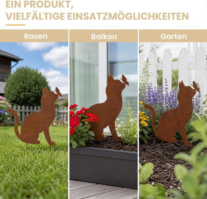 Gartenstecker Rost Katze mit Schmetterling, Gartenstecker Metall, Gartendeko Rost für Draussen, Edel
