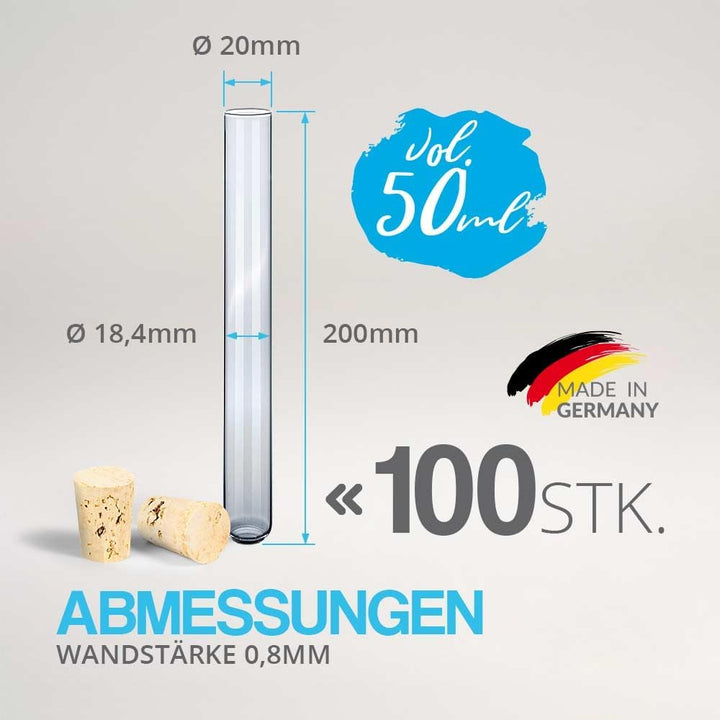 Tuuters 100 Glas Reagenzgläser mit Korken Verschluss Naturkorken, kleine Gewürzgläser (200 x Ø 20mm)