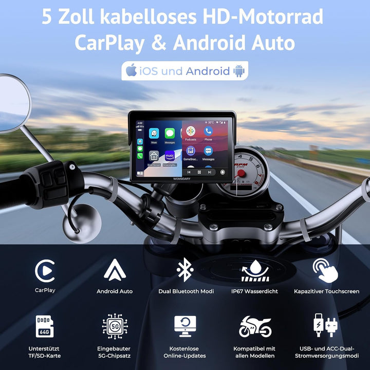 Kabelloses Motorrad CarPlay kompatibel mit Apple CarPlay & Android Auto,W522 5 Zoll IP67 Wasserdicht