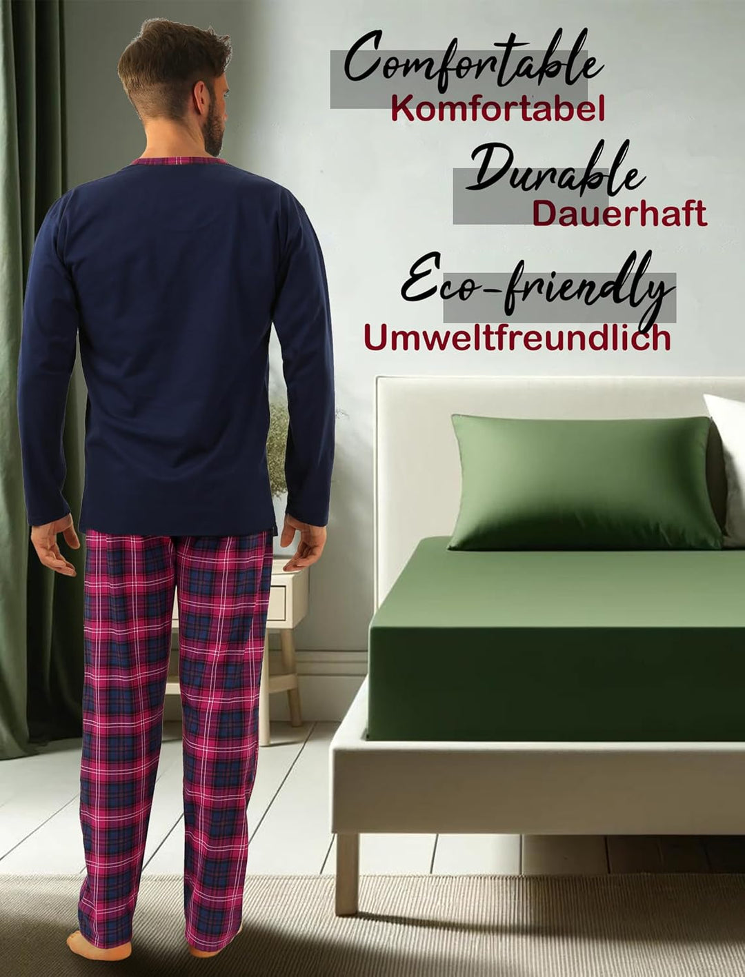 sesto senso Herren Schlafanzug Lang Baumwolle Pyjama Langarm Shirt mit Tasche Pyjamahose Zweiteilig