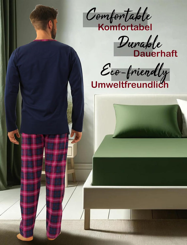 sesto senso Herren Schlafanzug Lang Baumwolle Pyjama Langarm Shirt mit Tasche Pyjamahose Zweiteilig