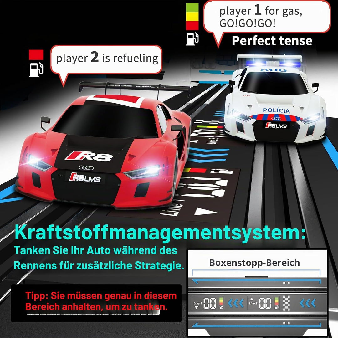 Slot Car Racing Set mit LED-Rundenanzeige, Hochgeschwindigkeit, Tankstopp, Sprachfeedback, 4 lizenzi