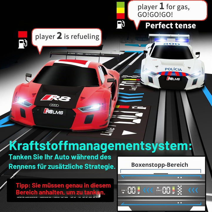 Slot Car Racing Set mit LED-Rundenanzeige, Hochgeschwindigkeit, Tankstopp, Sprachfeedback, 4 lizenzi