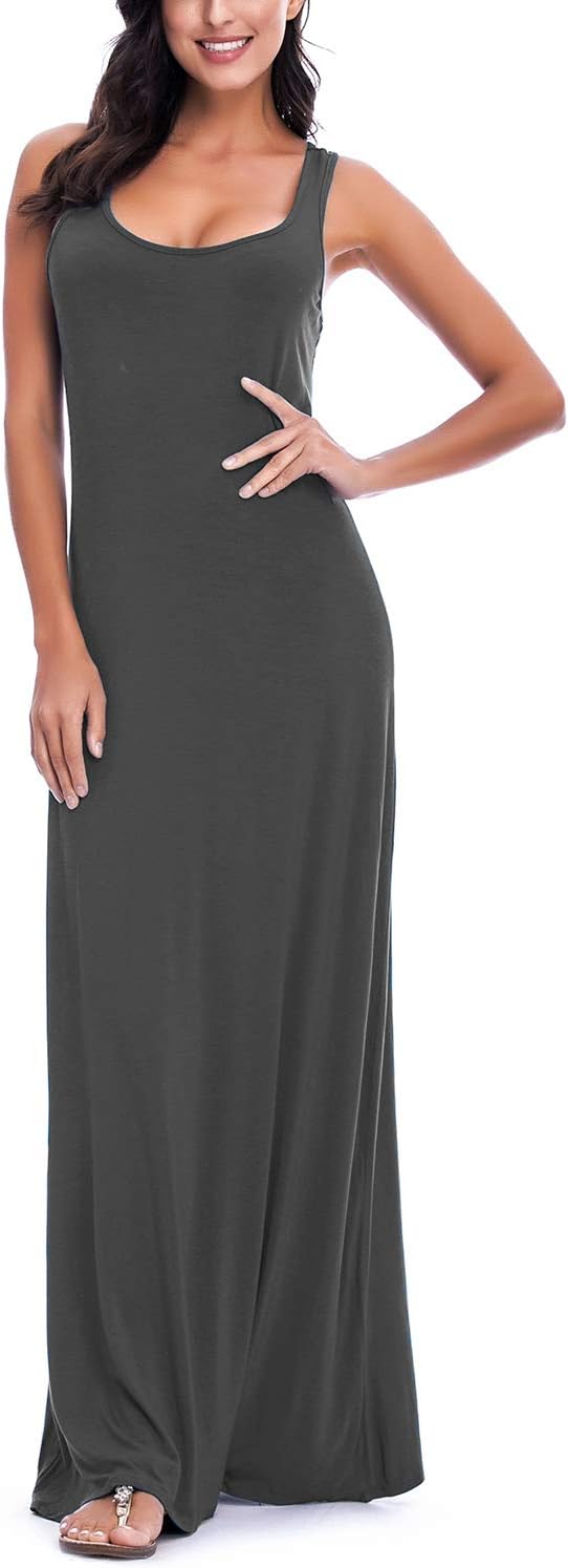 EXCHIC Damen Sommer Leichte Ärmellos Strand Maxi Kleid Elegant Elastisch Tunika Lang Kleider M Dunke