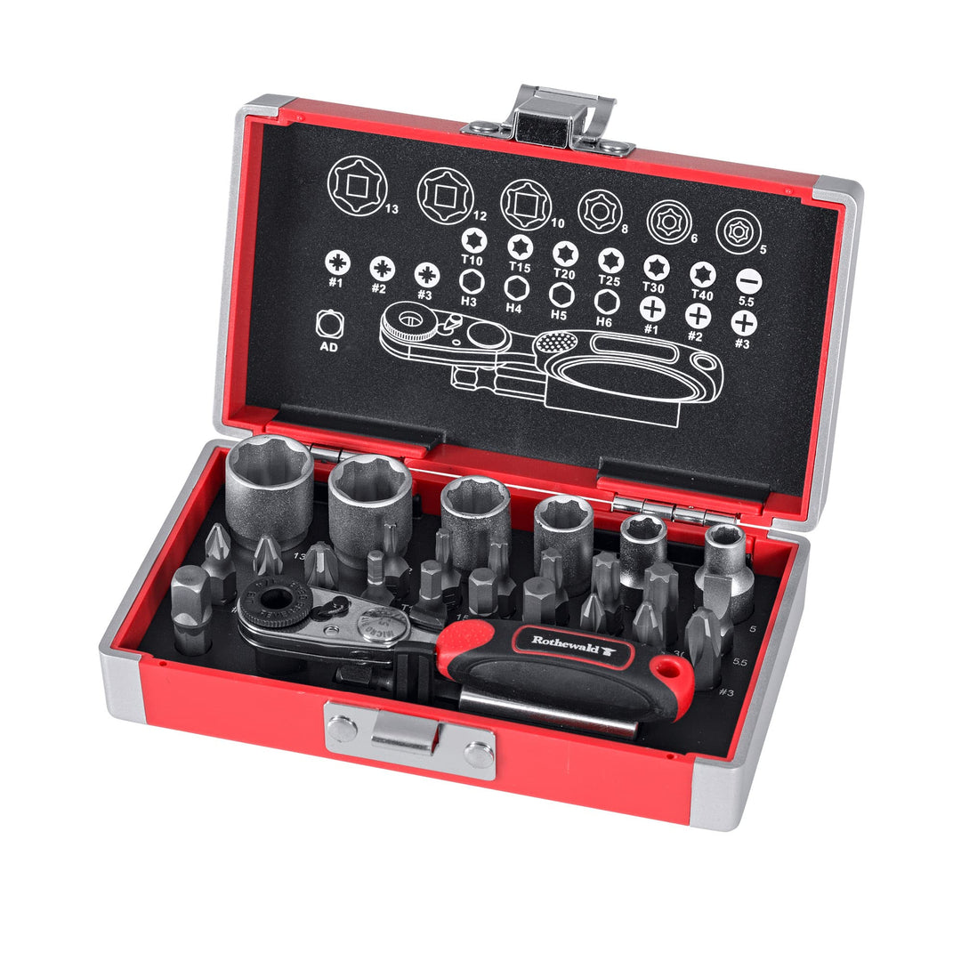 Rothewald Mini-Ratschensatz, Metrisch, 26 Teile, Motorrad-Bordwerkzeug, Ratschen- & Bit-Set, Ideal f