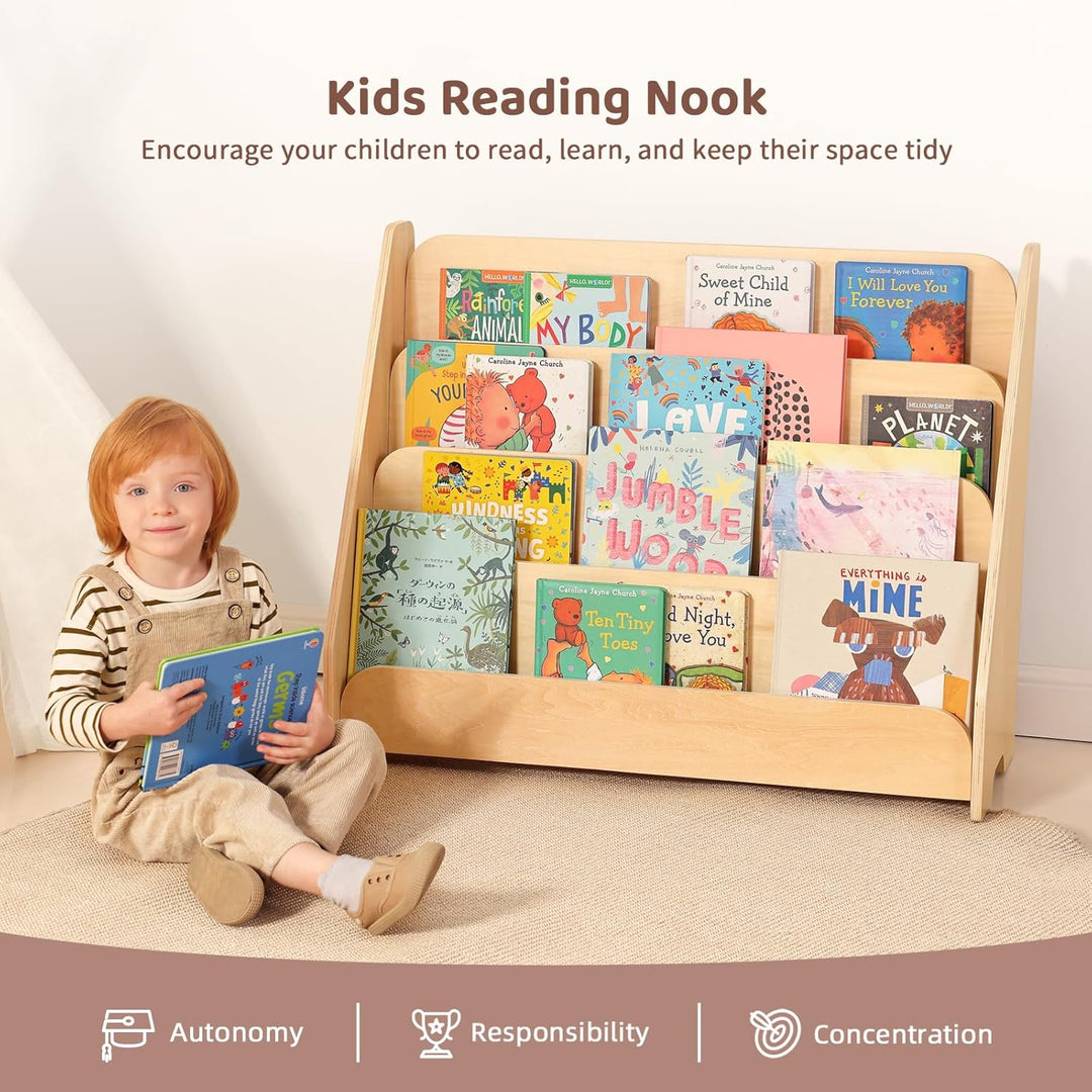 OOOK Bücherregal Kinder Holz mit 4 Ablagen, Montessori-bücherregal Kinderzimmer, Frontales Bücherreg