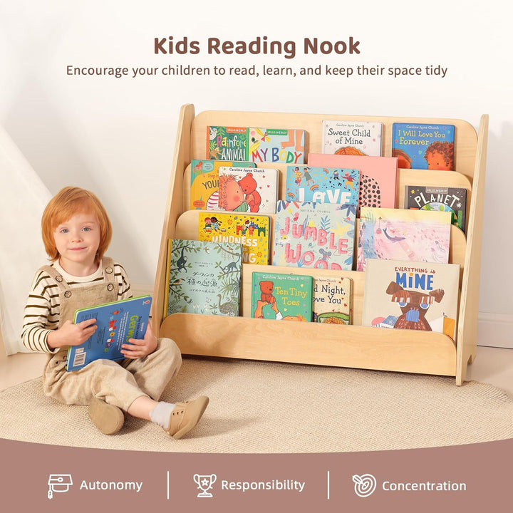 OOOK Bücherregal Kinder Holz mit 4 Ablagen, Montessori-bücherregal Kinderzimmer, Frontales Bücherreg