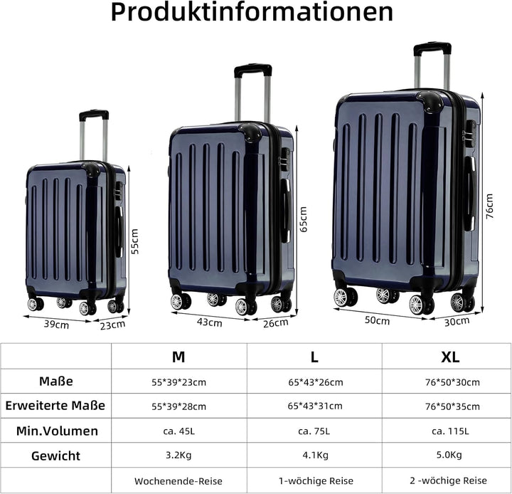 BEIBYE- 3er Kofferset Hartschalen-Koffer Reisekoffer Trolley Rollkoffer Set Reisekofferset (Dunkelbl