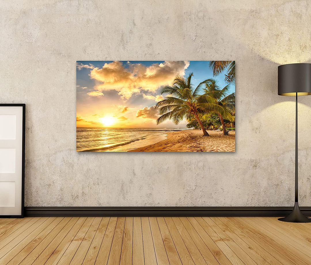 islandburner Bild auf Leinwand Schöner Sonnenuntergang Über Dem Meer Mit Blick Auf Palmen Barbados K