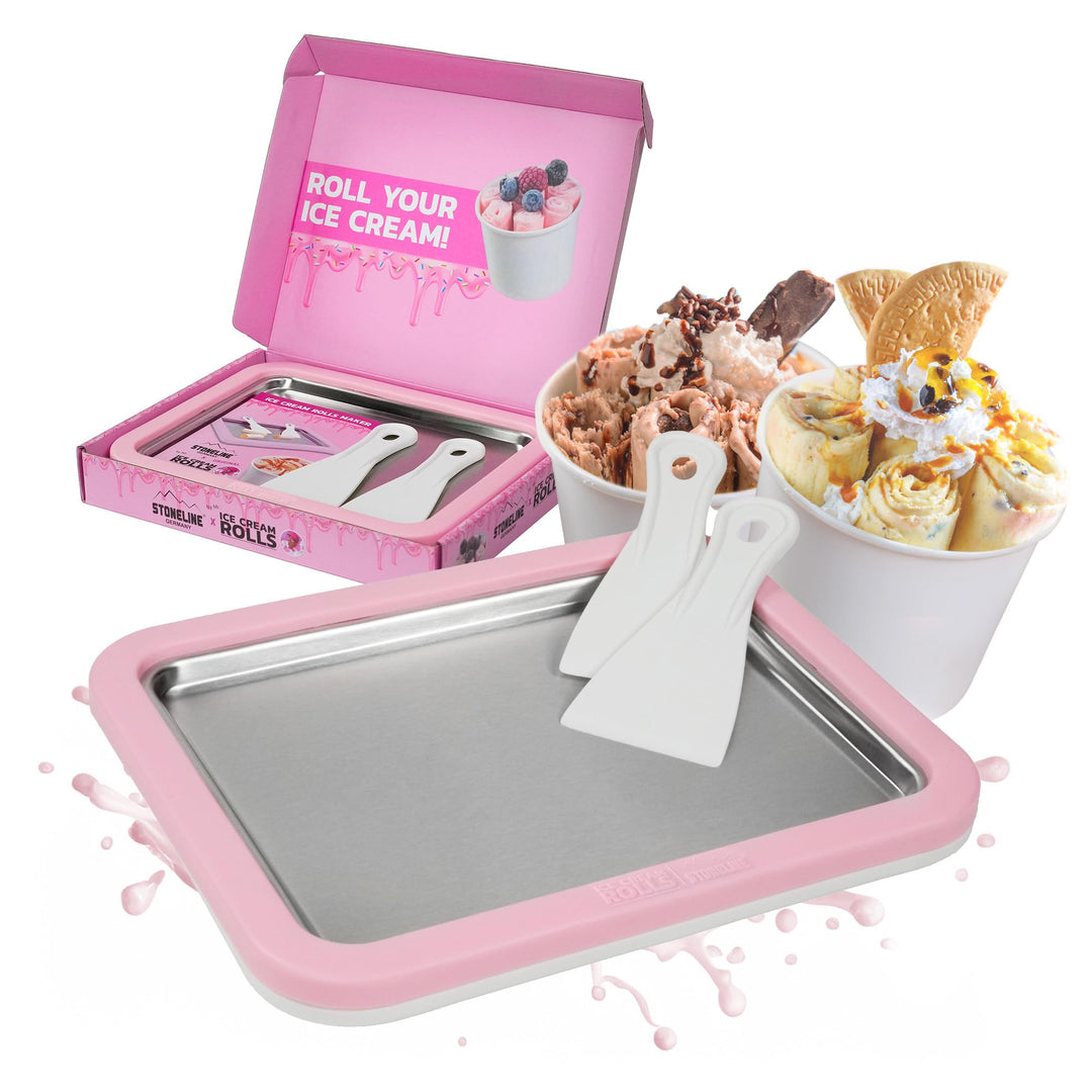 STONELINE by Mr. Ice Cream Rolls ORIGINAL Ice Cream Rolls Maker Eisplatte Rosé 26x21x3,5 cm mit 2 Sp