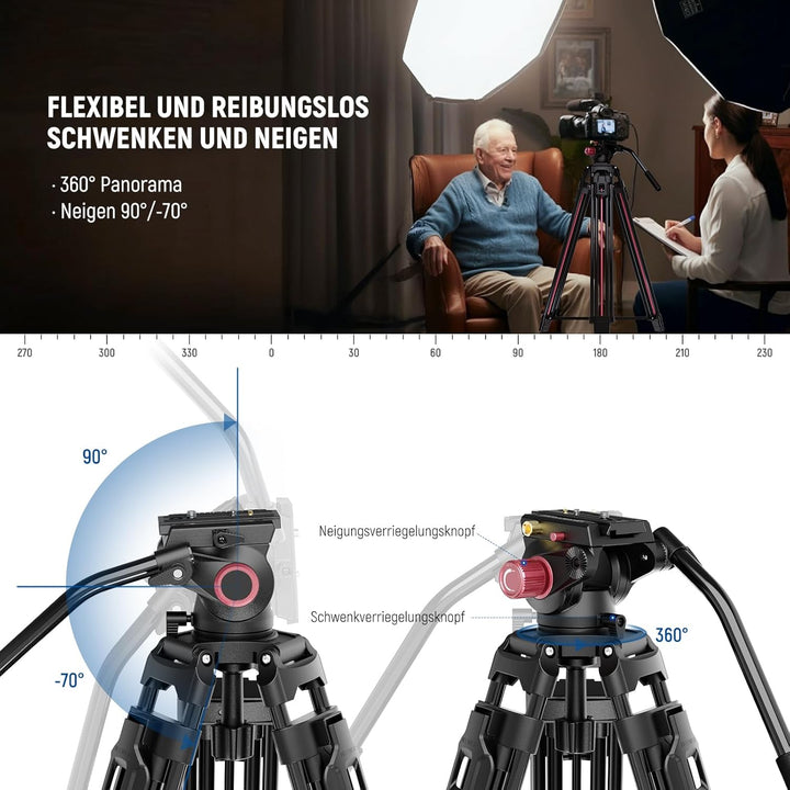 NEEWER LL38 79"/2m Video Kamerastativ mit Fluidkopf und Reinigungstuch, Robustes Metallstativ mit EI