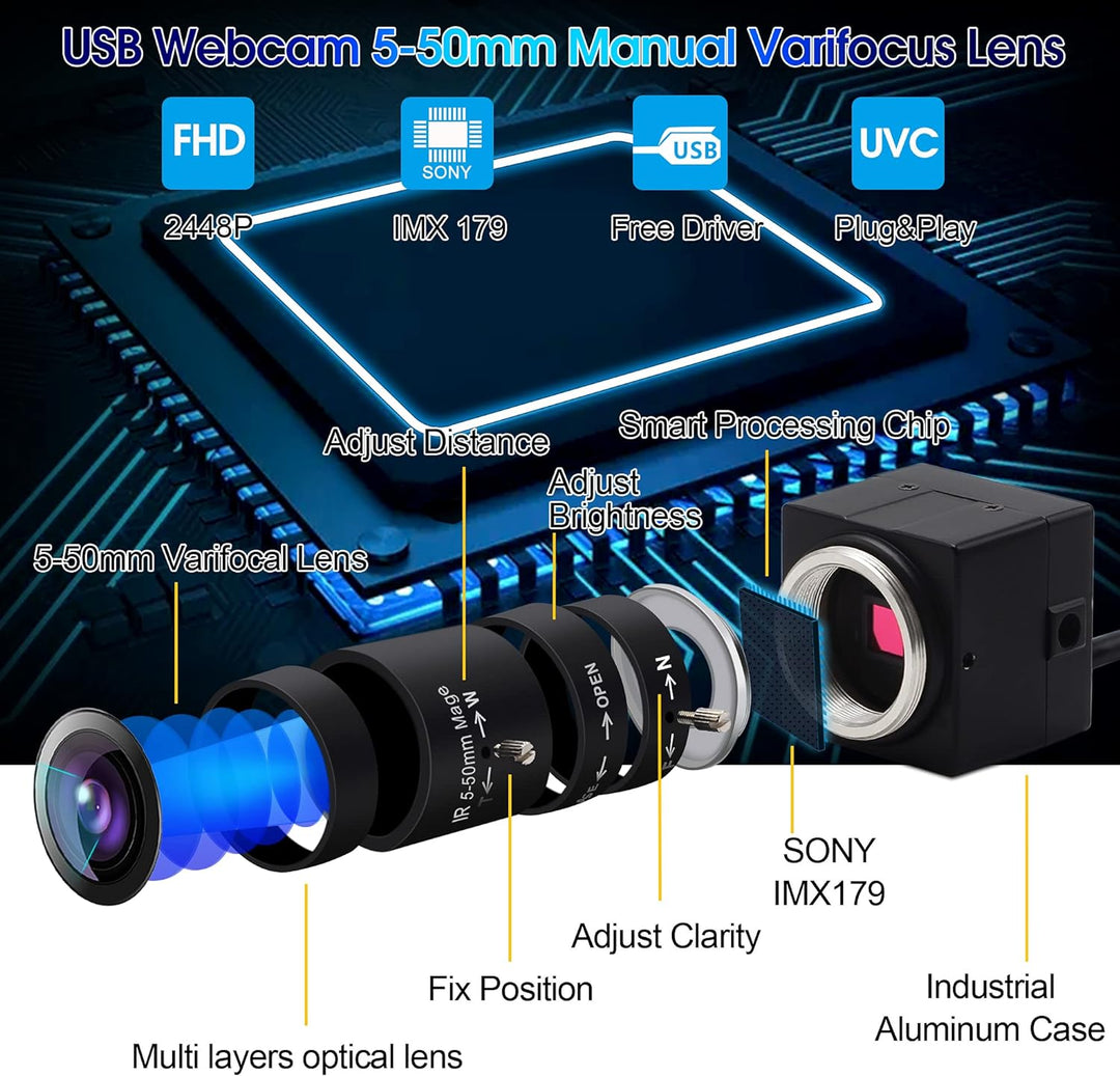 G Varifocal Objektiv USB Kamera 10X optische Zoom Webcam,5-50mm Varifocus Webcam 2448P Zoom Webcam,8