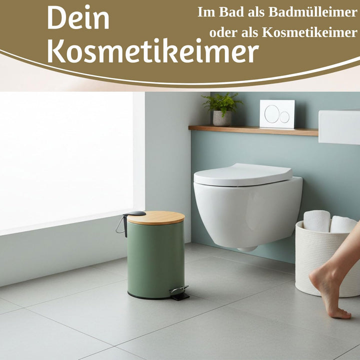 LS-LebenStil Tretmülleimer Papierkorb 3L Matt Grün Rund mit Softclose Holz Deckel Treteimer Fusspeda