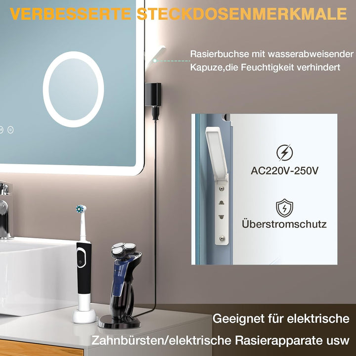 Badspiegel mit Beleuchtung 80 x 60 cm, 3 Lichtfarbe Einstellbare Spiegel Bad mit Beleuchtung, Dimmba