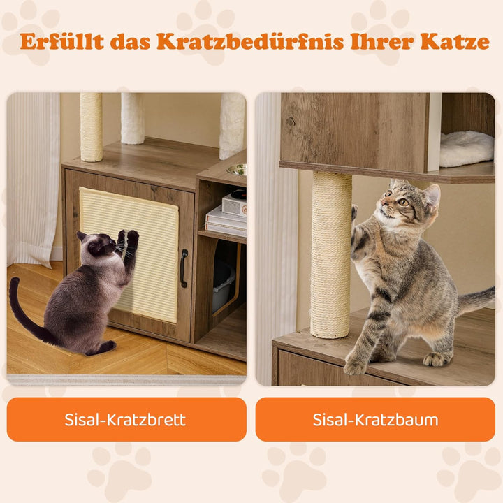 COSTWAY Kratzbaum mit Katzenklo Schrank, Katzenschrank für Katzentoilette, Katzenkratzbaum mit Sisal