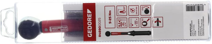 GEDORE red Drehmomentschlüssel für Links- und Rechtsgewinde, 1/4 Zoll, 5-25 Nm, Stahlrohr, Rot/Schwa