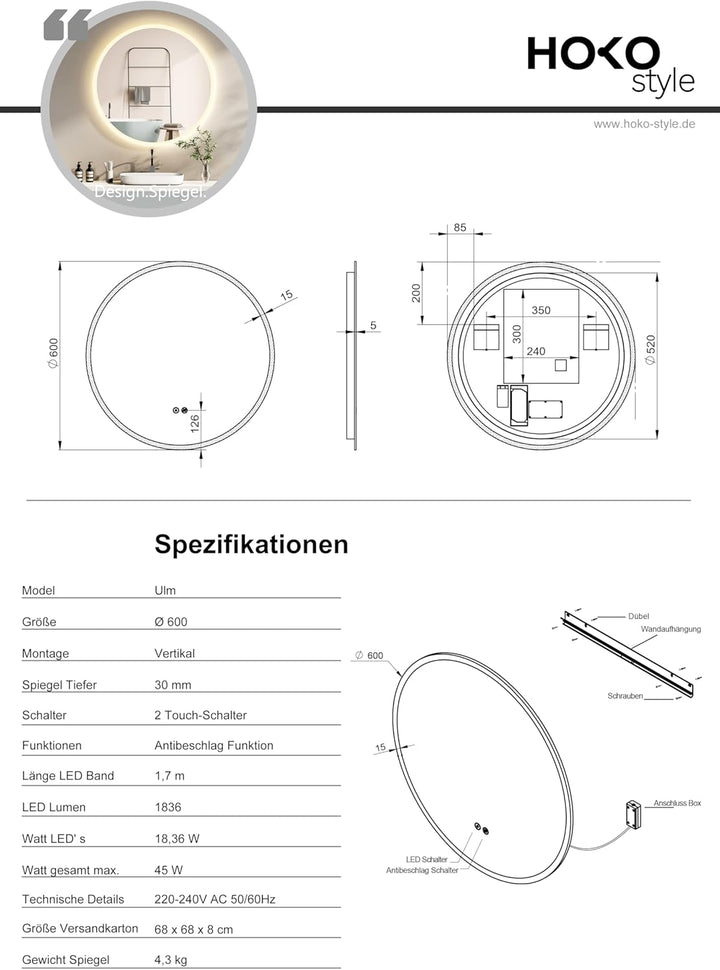 HOKO® Runder LED Bad Spiegel 60cm, mit ANTIBESCHLAG SPIEGELHEIZUNG, LED beleuchtet Badezimmerspiegel
