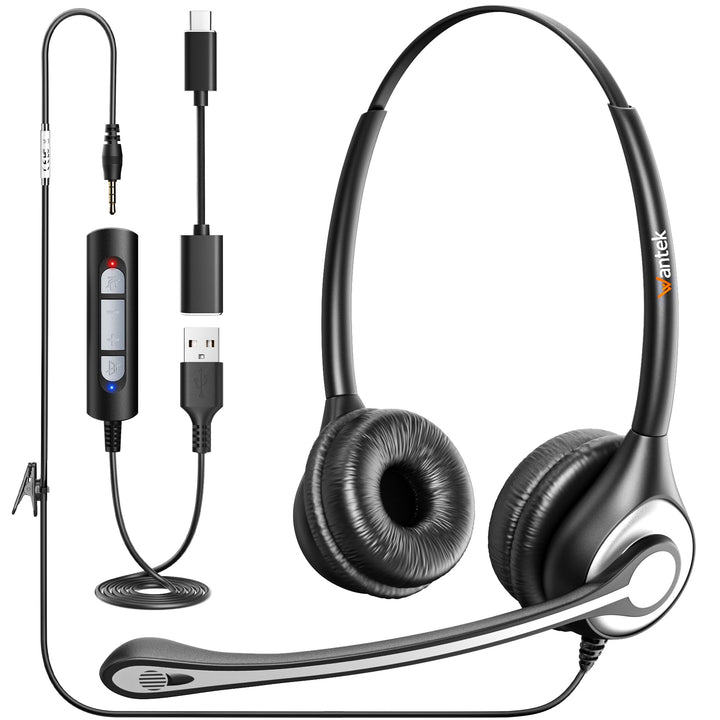 Wantek 602F Headsets mit Kabel Noise Cancelling Mikrofon USB 3,5mm Stecker und Typ-C Adapter für Com