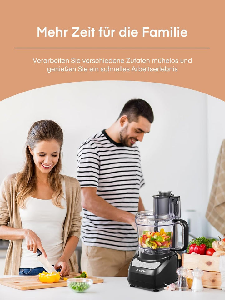 FOHERE Küchenmaschine 2,1 L, 2-in-1-Doppeleinfüllschacht | 2 Geschwindigkeiten + Puls, Edelstahlklin