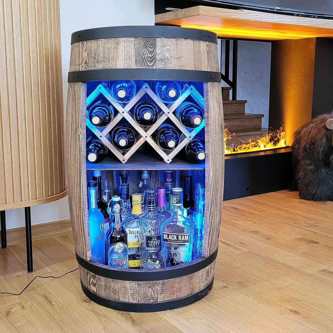 weeco Holzfass mit weinhalter RGB LED Beleuchtung - Weinregal fassbar. Rustikaler deko Barschrank We