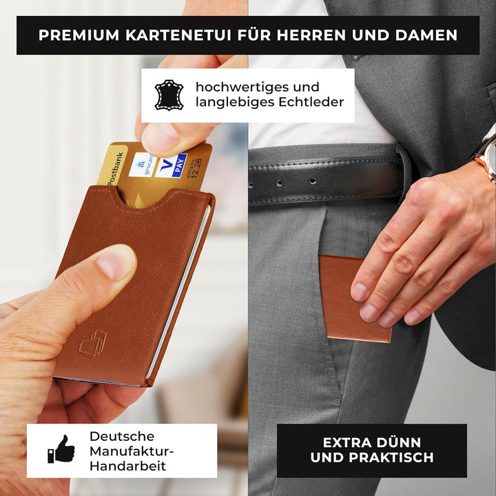 W4LLET® Card Holder Wallet, Ultra dünn [braun, Glattleder] 2X Kartenetui RFID Schutz | Handmade in G