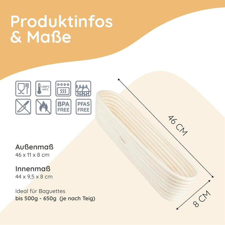 Backefix Gärkörbchen oval 44cm für Baguette | länglicher Gärkorb handgefertigt aus Rattan mit Leinen