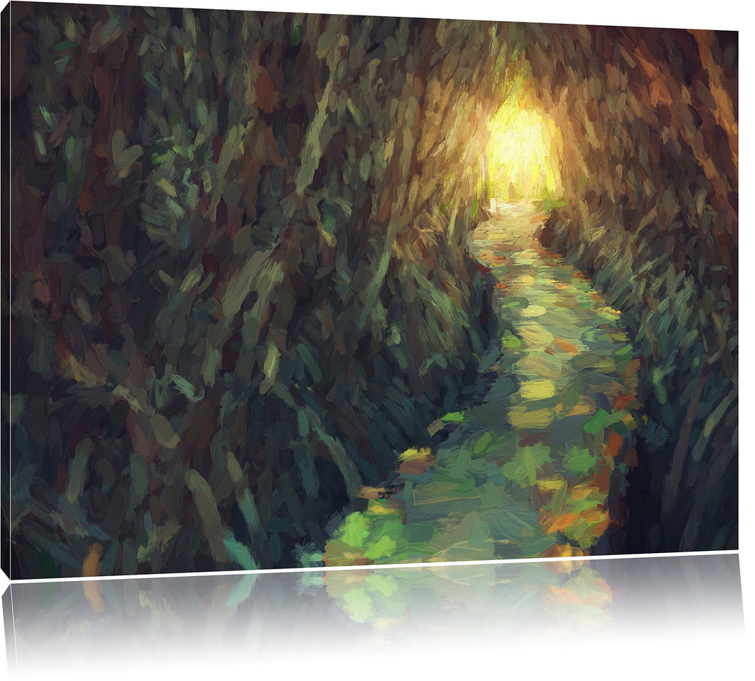 Pixxprint Gehweg im Wald / 100x70cm Leinwandbild bespannt auf Holzrahmen/Wandbild Kunstdruck Dekorat