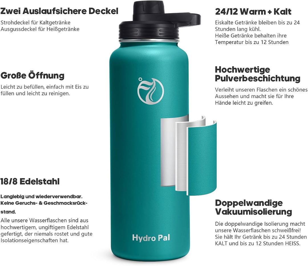 HydroPal Edelstahl Trinkflasche - 750ml, 1L, 1,2L, BPA-Frei, Kohlensäure geeignet, Isolierte flasche