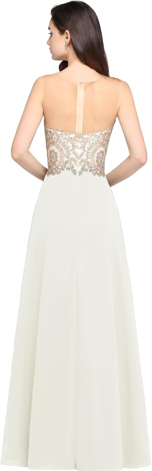 Misshow Abendkleid Chic Lang mit floralen Applikationen aus Chiffon Gr. 30 Elfenbein, 30 Elfenbein
