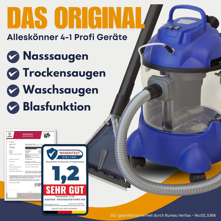 Albatros Waschsauger Polster HYDRO 7500 + 2l Reinigungs-Shampoo - 4in1 Polsterreiniger Gerät Beutell