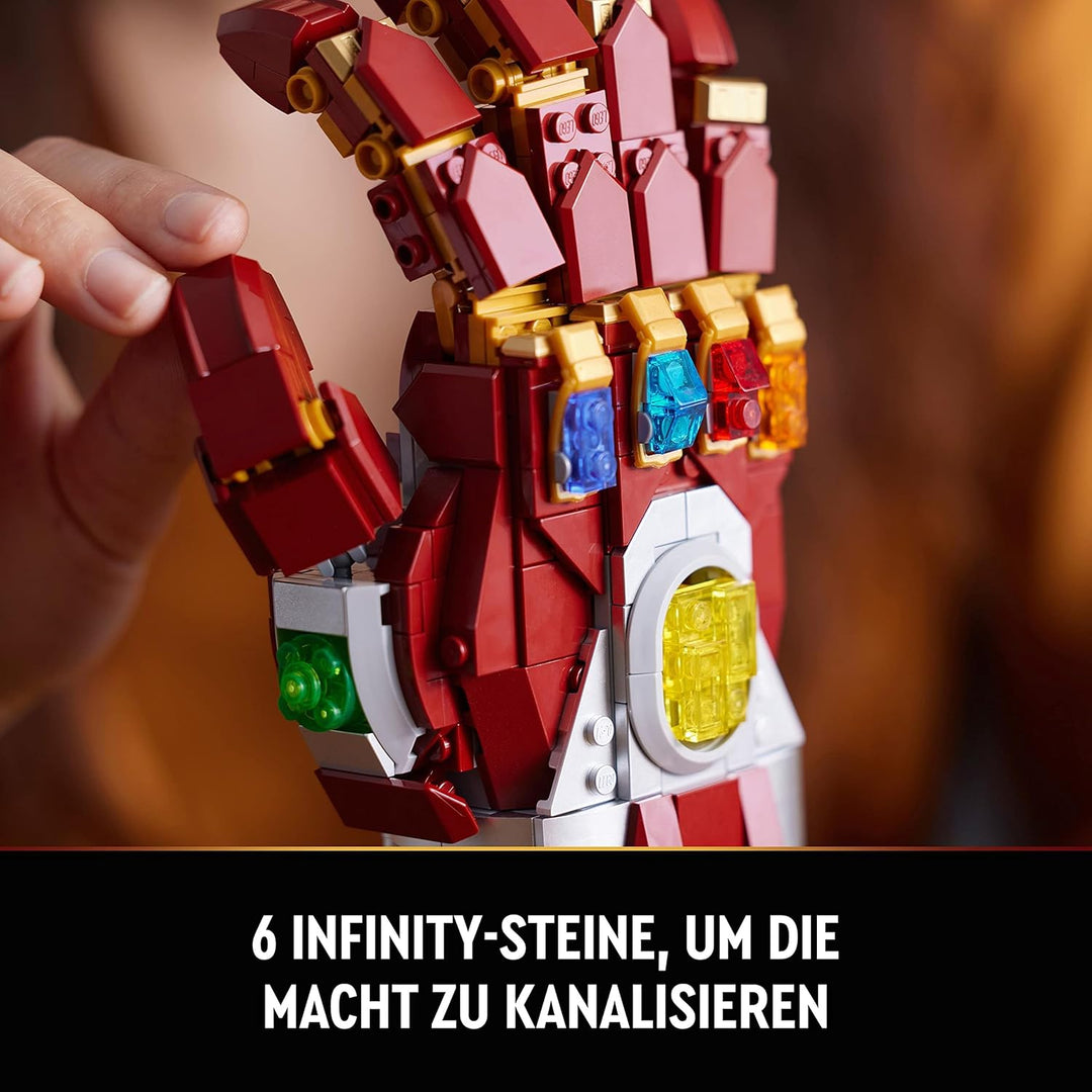 LEGO 76223 Marvel Iron Mans Nano Handschuh, Baubares Iron Man-Modell mit Infinity-Steinen, Filmset „