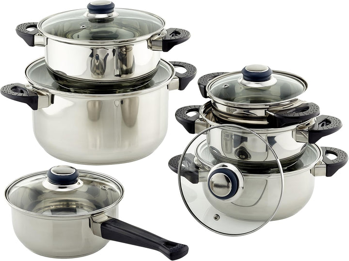 axentia Edelstahl-Topfset Karin 6-teilig, 5 Kochtöpfe & 1 Stiel-Kasserolle mit Glasdeckel, mit Schüt