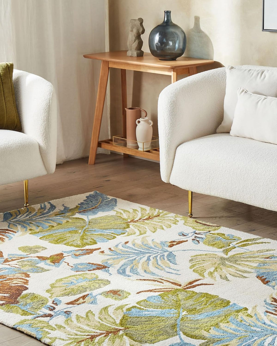 Teppich Wolle bunt Blattmuster 140 x 200 cm handgetuftet Boho Rustikal Kinik