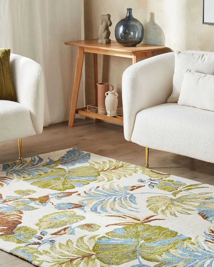 Teppich Wolle bunt Blattmuster 140 x 200 cm handgetuftet Boho Rustikal Kinik