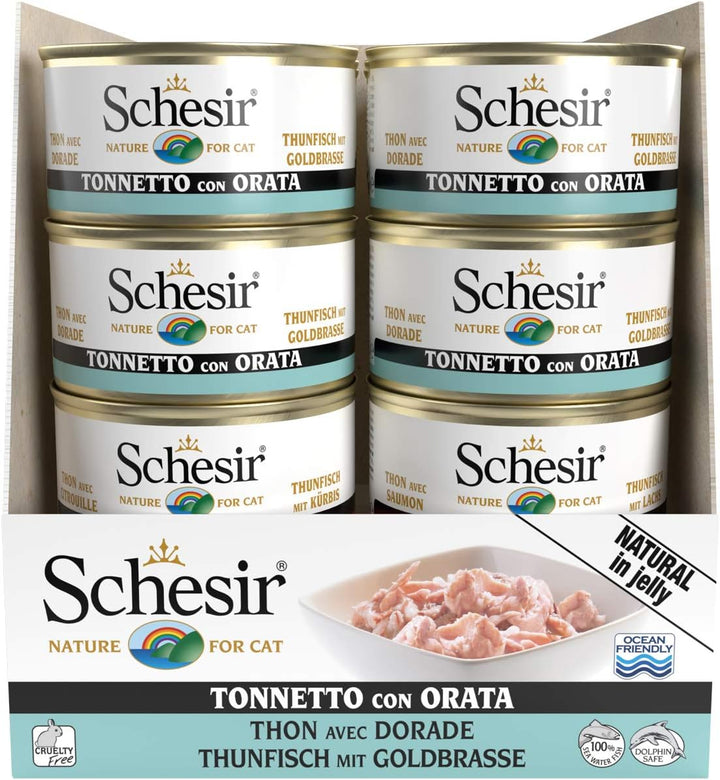 Schesir Cat Jelly Thunfisch mit Goldbrasse, Katzenfutter nass in Gelee, 24 Dosen x 85 g Thunfisch mi