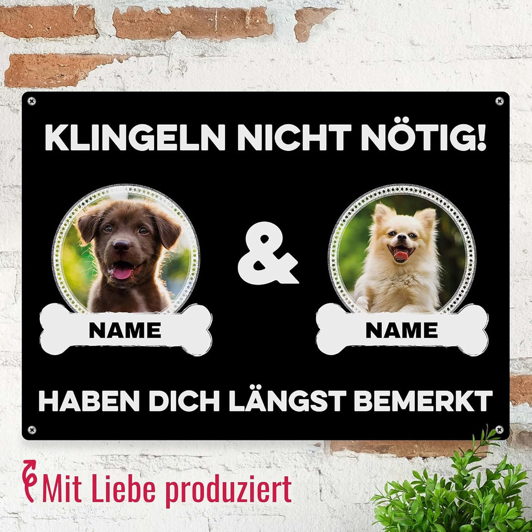 Hunde Schild personalisiert - Klingeln nicht nötig - Metallschild mit Foto und Name für aussen, wett