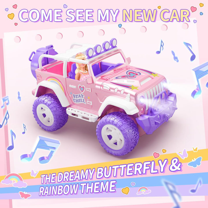DEERC Pink Ferngesteuertes Auto für Mädchen mit Nebel und Musik, 1:16 RC Auto mit LED-Lichtern für K