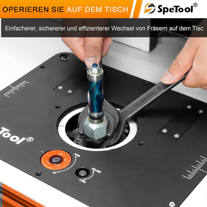 SpeTool Fräslift für Oberfräsen mit 65mm-107mm Durchmesser, oberfräsenlift aus Aluminium mit DIY-Sch