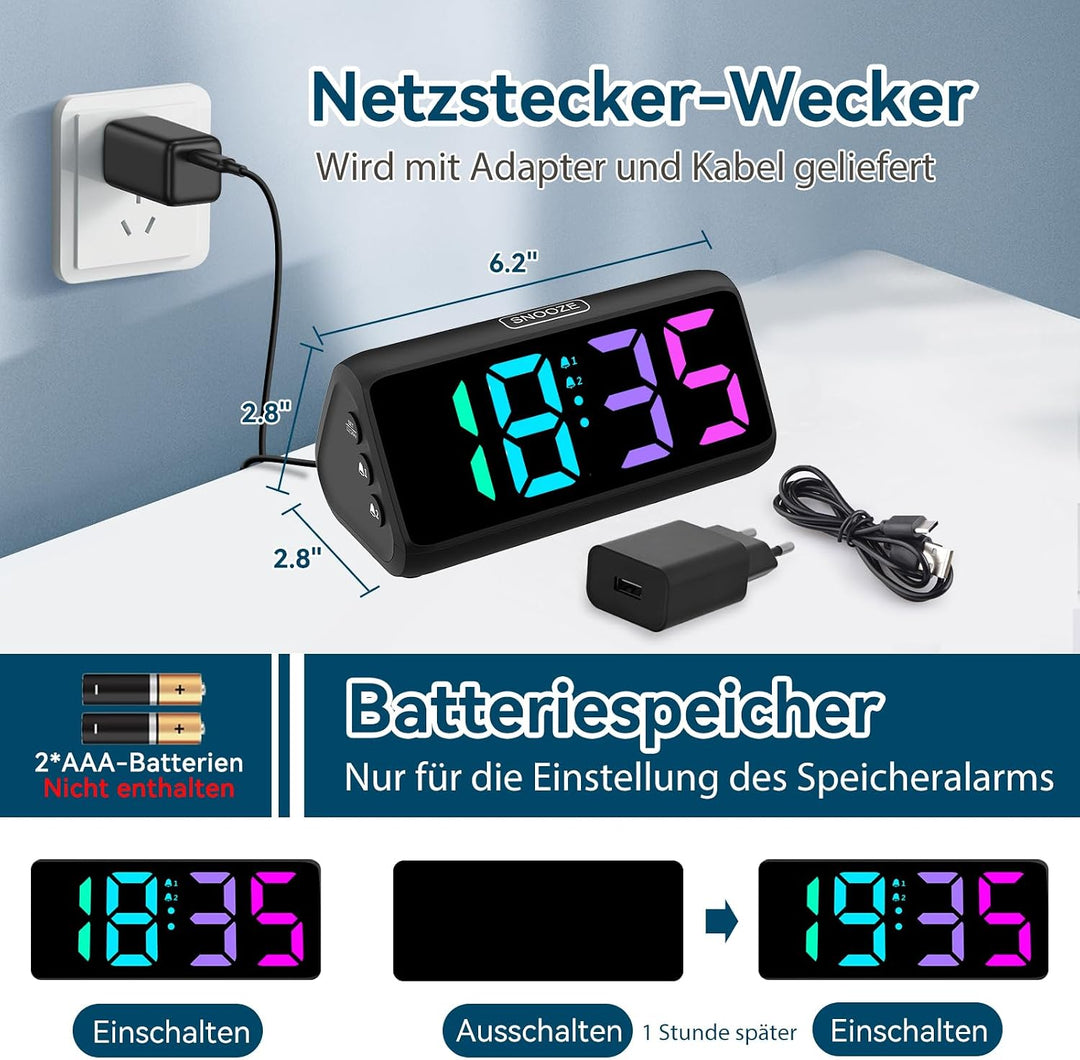 Lauter Wecker für Tiefschläfer, Wecker Digital mit Bunte Display, Doppelalarm, 5 Helligkeitsdimmer,