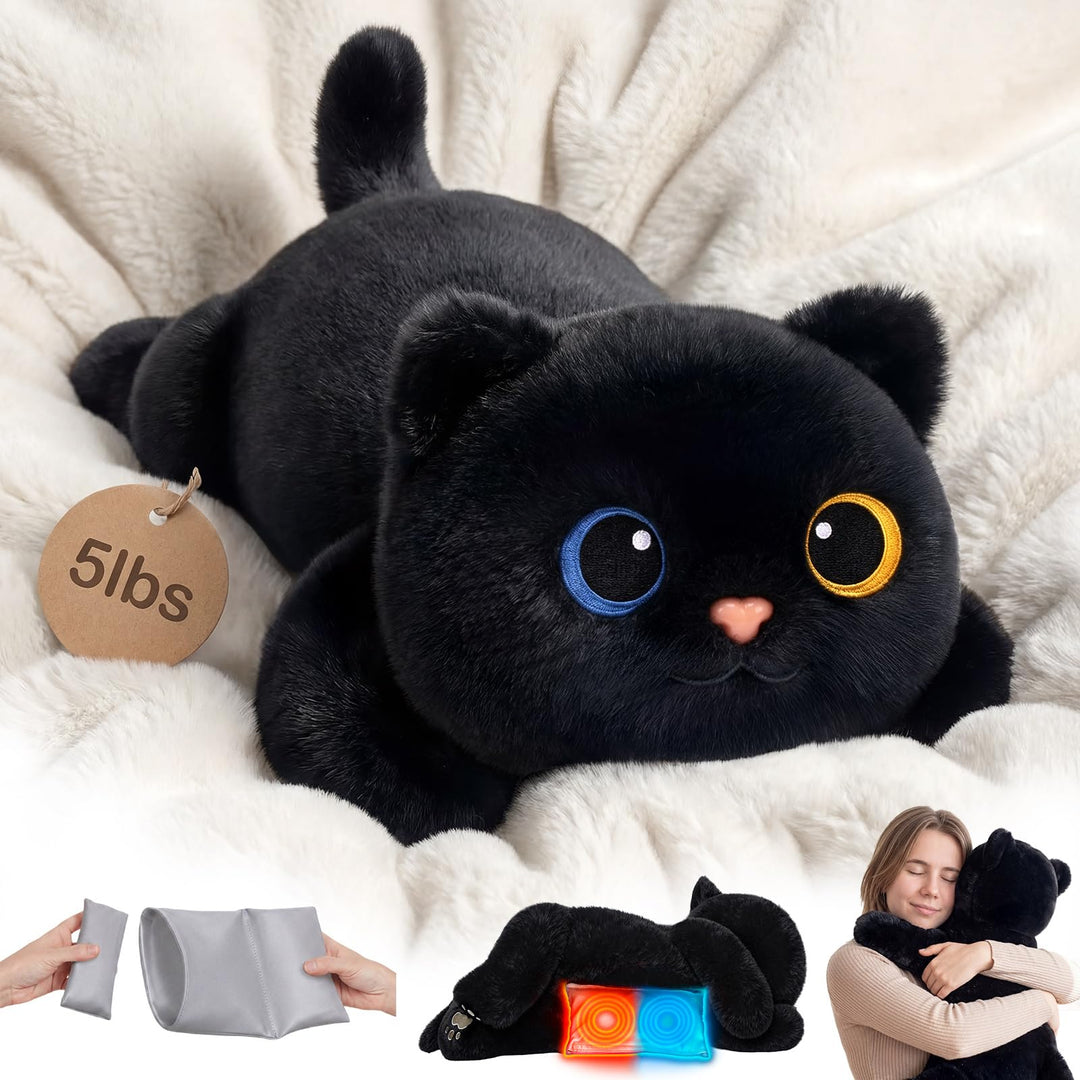 Mewaii Gewichteter Schwarze Katze Kuscheltier mit Mikrowellen-Wärmekissen – 2,3 kg Gewichtskuschelti
