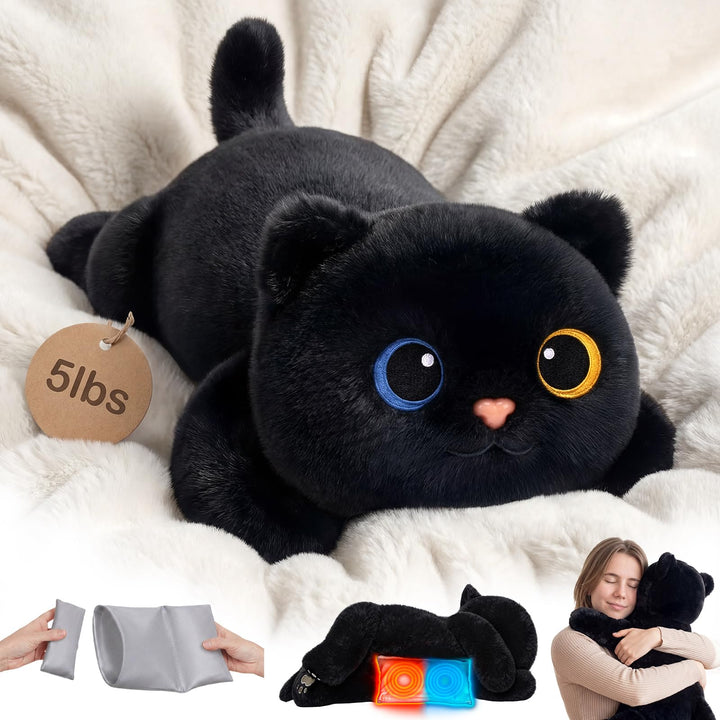 Mewaii Gewichteter Schwarze Katze Kuscheltier mit Mikrowellen-Wärmekissen – 2,3 kg Gewichtskuschelti