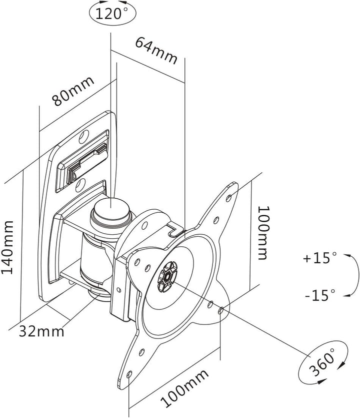 DIGITUS TV Monitor Wandhalterung, Schwenkfunktion +/- 15°, Drehbar um 360°, bis 15 kg, bis ca. 27" M