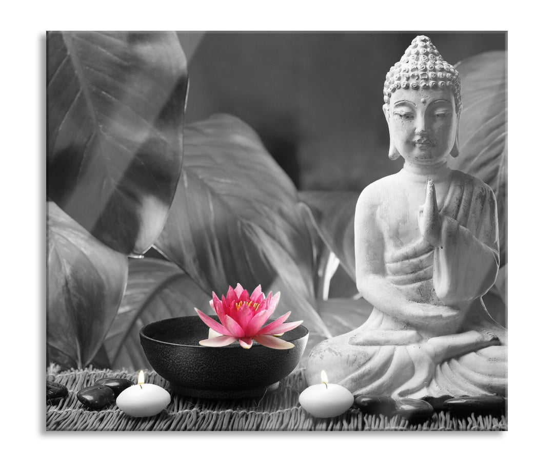 Buddha mit Seerose Herdabdeckplatte & Spritzschutz aus Echtglas | Für Herd-Kochfelder | 60x52 cm