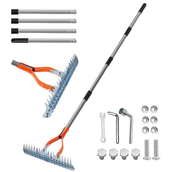 Vertikutierrechen für Rasenflächen, 38cm Breiter Rasenrechen mit Verstellbarem Griff, Metall Schneid
