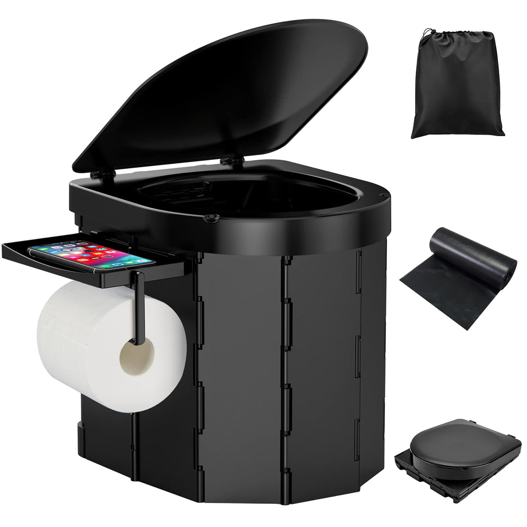 WADEO Tragbare Campingtoilette mit Deckel, 30 cm hohe Mobile Toilette mit 12 Stück Toilettenbeutel,
