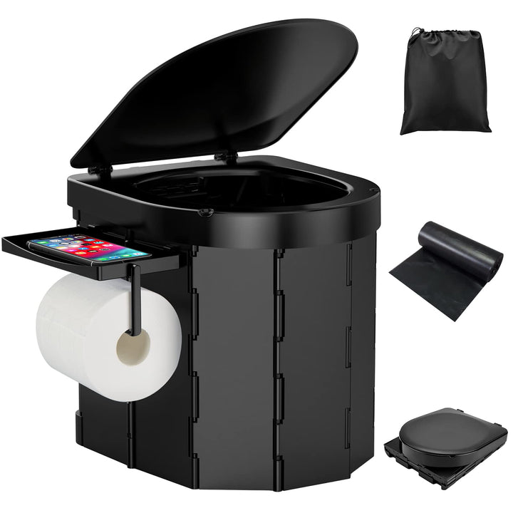 WADEO Tragbare Campingtoilette mit Deckel, 30 cm hohe Mobile Toilette mit 12 Stück Toilettenbeutel,