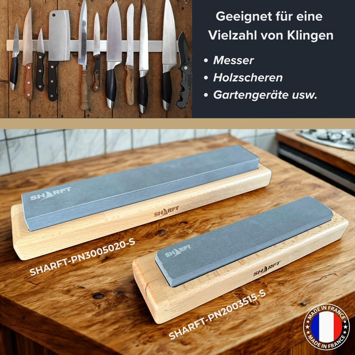 SHARFT, natürlicher Schleifstein aus den Pyrenäen 800/1000 + Holzsockel. Schleifstein mit 2 Körnunge