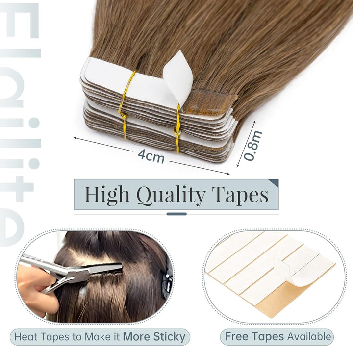 Elailite Echthaar Extensions Tape Braun, 20 stück Mini Tape Invisible Kleber, 35cm Haarverlängerung