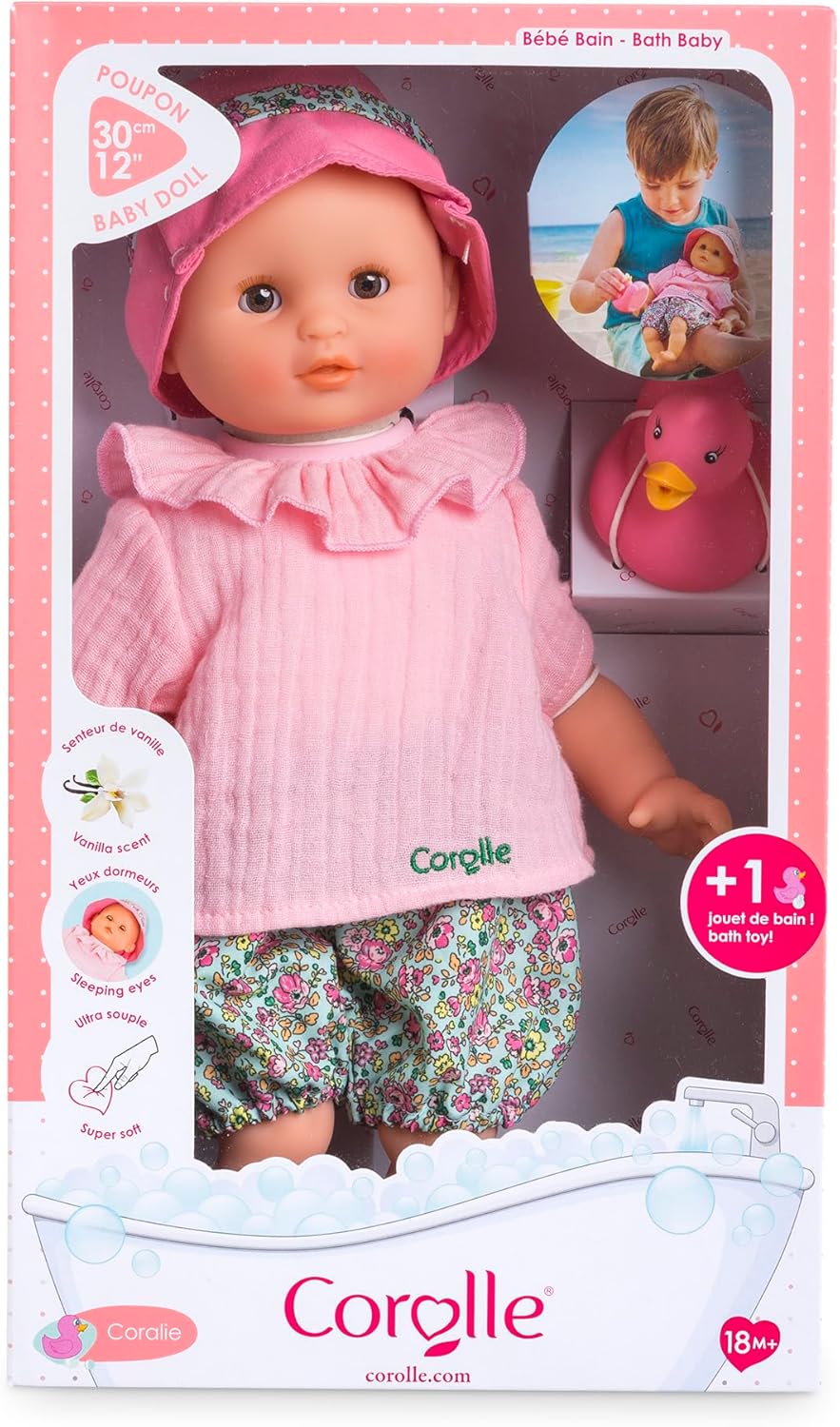 Mon Premier Poupon Badebaby Coralie, Weichkörper-Badepuppe mit Badetier, Schlafaugen, abnehmbare Kle