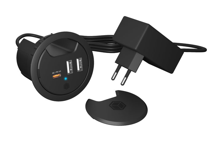 ICY Box 3-Port Tischladegerät, 2X USB-A & 1x USB-C, Für 60mm Bohrungen, Gerät dient nur zum Laden, S